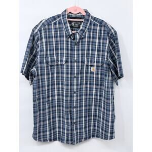 Carhartt Men's Loose Fit short -Sleeve Plaid Button-Down Shirt Blue - Size XL